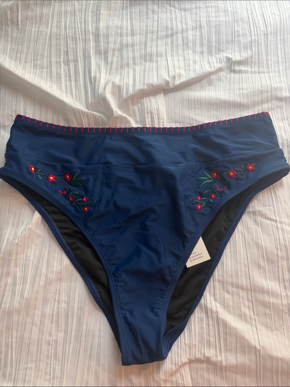 Cupshe Navy Blue Bikini Bottom with Pink Trim & Red Floral Embroidery